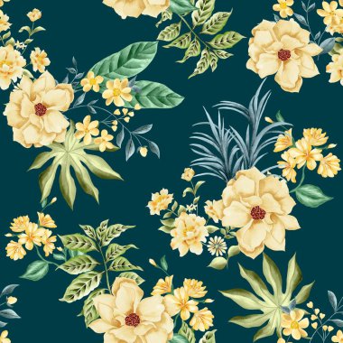 Watercolor flowers pattern, yellow tropical elements, green leaves, navy blue background, seamless