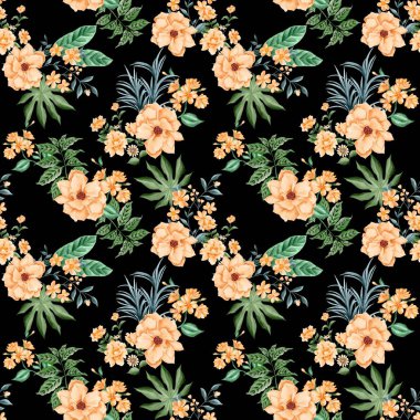 Watercolor flowers pattern, yellow tropical elements, green leaves, black background, seamless