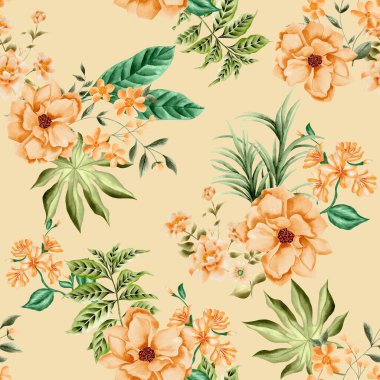 Watercolor flowers pattern, yellow tropical elements, green leaves, yellow background, seamless