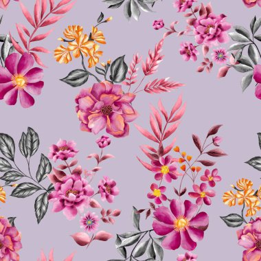 Watercolor flowers pattern, pink tropical elements, green leaves, purple background, seamless