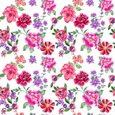 Watercolor flowers pattern, red and purple tropical elements, green leaves, white background, seamless
