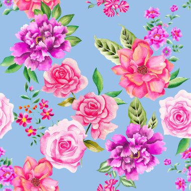 Watercolor flowers pattern, pink roses,  tropical elements, green leaves, blue background, seamless