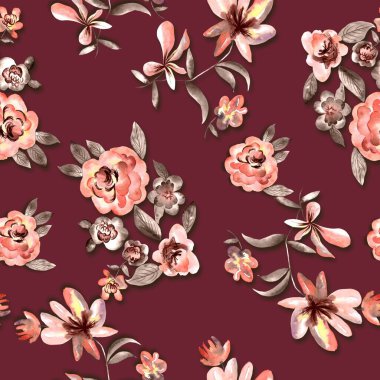 Watercolor flowers pattern, red tropical elements, brown leaves, red background, seamless