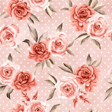 Watercolor flowers pattern, orange tropical elements, green leaves, polka dot background, seamless