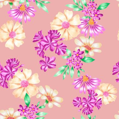 Watercolor flowers pattern, pink and yellow tropical elements, green leaves, pink background, seamless