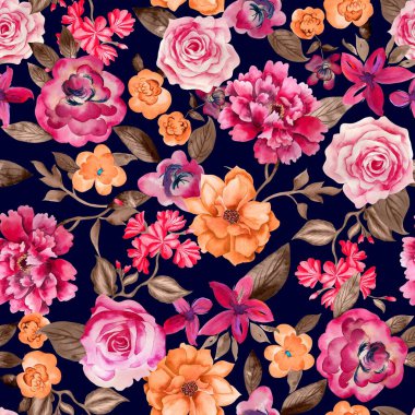 Watercolor flowers pattern, pink and yellow tropical elements, brown leaves, navy blue background, seamless