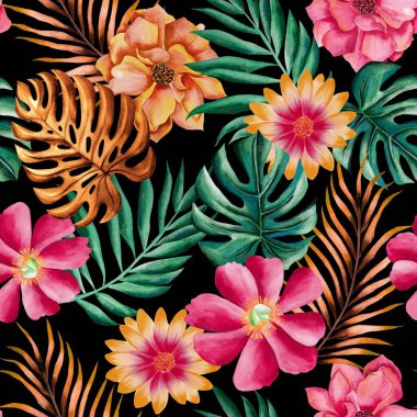 Watercolor flowers and foliage pattern, pink and yellow tropical elements, green leaves, black background, seamless