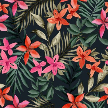 Watercolor flowers pattern, pink and orange tropical elements, green leaves, black background, seamless