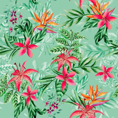 Watercolor flowers pattern, red tropical elements, green leaves, green background, seamless