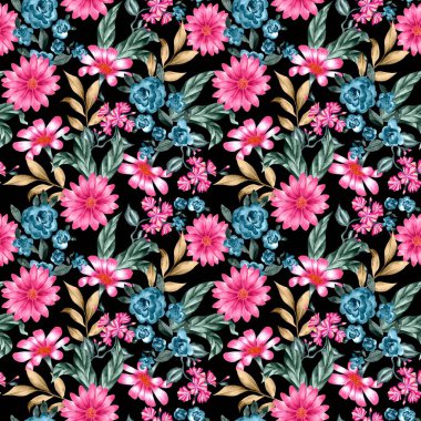 Watercolor flowers pattern, pink and blue tropical elements, green and yellow leaves, black background, seamless