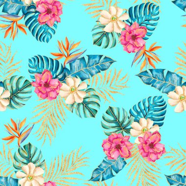 Watercolor flowers pattern, pink and yellow tropical elements, green and blue leaves, blue background, seamless