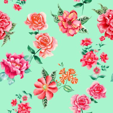 Watercolor flowers pattern, red and orange tropical elements, green leaves, green background, seamless