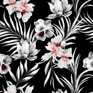 Watercolor flowers pattern, black and white tropical elements, green leaves, black background, seamless