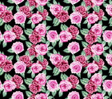 Watercolor flowers pattern, pink tropical elements, green leaves, black background, seamless