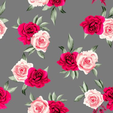 Watercolor flowers pattern, pink tropical elements, green leaves, gray background, seamless