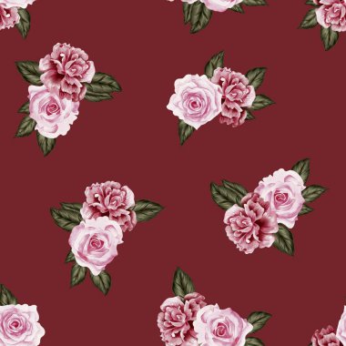 Watercolor flowers pattern, red tropical elements, green leaves, red background, seamless