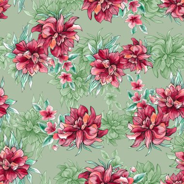 Watercolor flowers pattern, red tropical elements, green leaves, green background, seamless