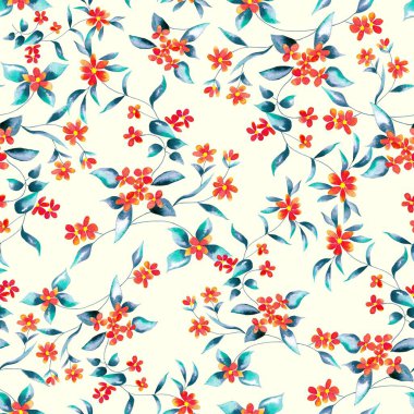 Watercolor flowers pattern, red tropical elements, blue leaves, white background, seamless
