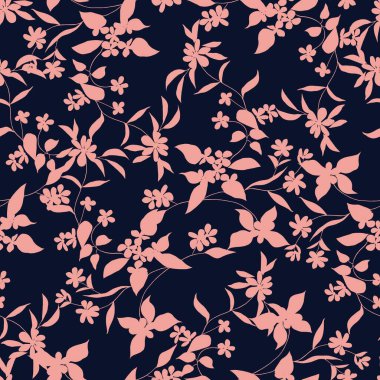 Watercolor flowers pattern, red tropical elements, green leaves, navy blue background, seamless