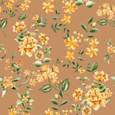 Watercolor flowers pattern, yellow tropical elements, green leaves, yellow background, seamless