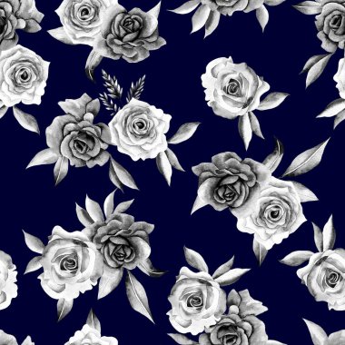 Watercolor flowers pattern, black and white tropical elements, green leaves, navy blue background, seamless