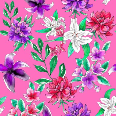 Watercolor flowers pattern, red and purple  tropical elements, green leaves, pink background, seamless