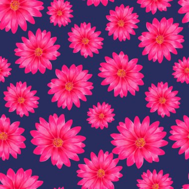 Watercolor flowers pattern, pink tropical elements, green leaves, navy blue background, seamless