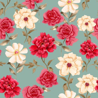 Watercolor flowers pattern, red tropical elements, green leaves, blue background, seamless