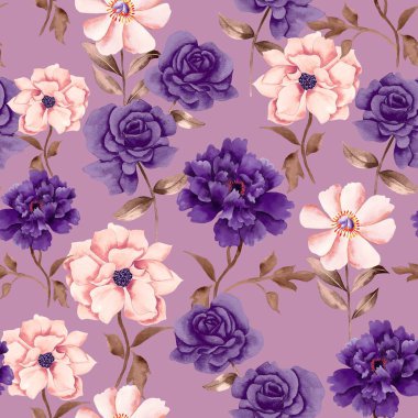 Watercolor flowers pattern, purple tropical elements, green leaves, purple background, seamless