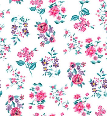 Watercolor flowers pattern, pink tropical elements, green leaves, white background, seamless