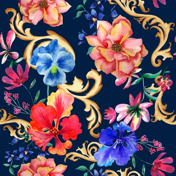 Watercolor flowers pattern, red and blue tropical elements, golden ornaments, green leaves, navy blue background, seamless