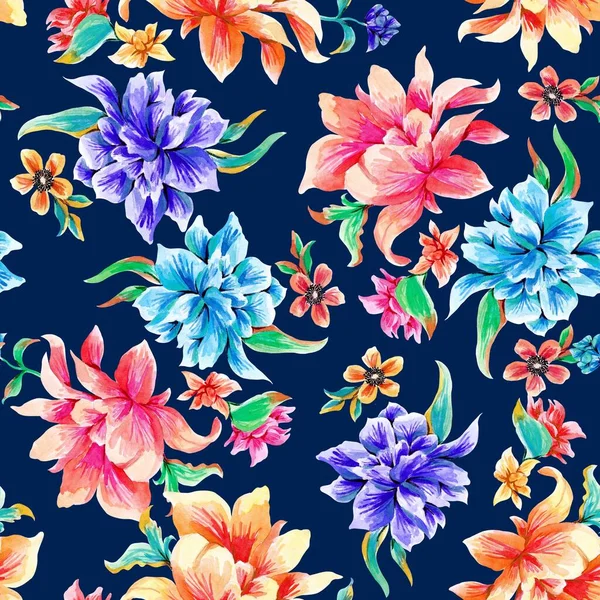 Watercolor flowers pattern, red and purple tropical elements, green leaves, navy blue background, seamless