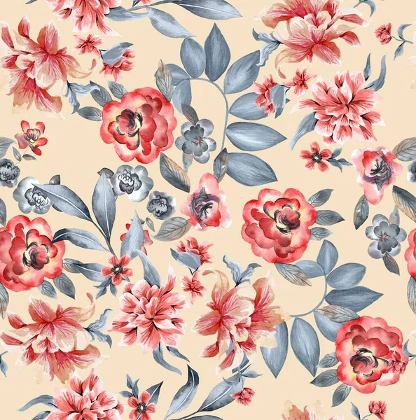 Watercolor Flowers Pattern Red Tropical Elements Gray Leaves Yellow Background —  Fotos de Stock