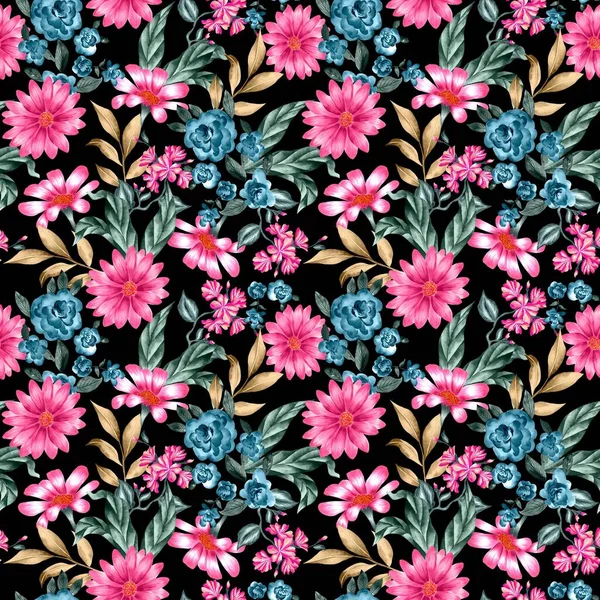 Watercolor flowers pattern, pink and blue tropical elements, green and yellow leaves, black background, seamless