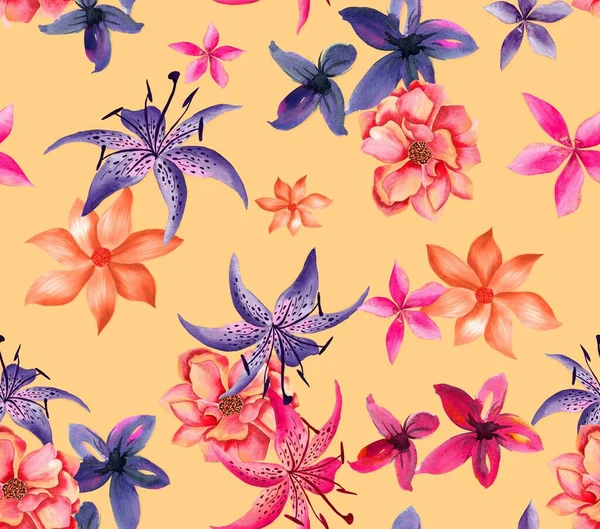 Watercolor flowers pattern, red, purple and orange tropical elements, yellow background, seamless