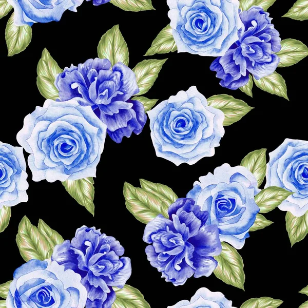 Watercolor flowers pattern, blue tropical elements, green leaves, black background, seamless