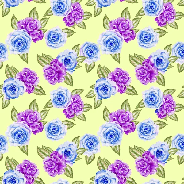 Watercolor flowers pattern, purple and blue tropical elements, green leaves, yellow background, seamless