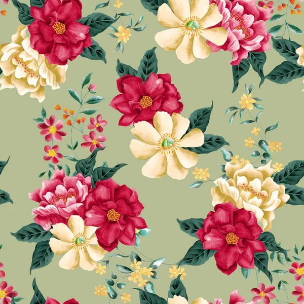 Watercolor flowers pattern, red  nad yellowtropical elements, green leaves, green background, seamless