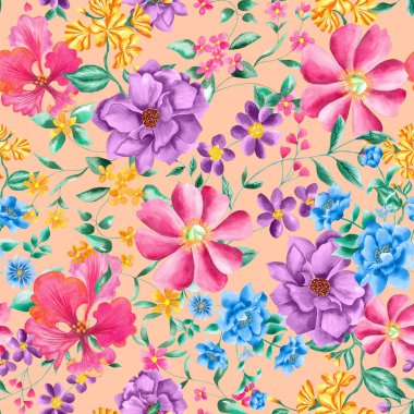 Watercolor flowers pattern, pink, purple and blue tropical elements, green leaves, yellow background, seamless