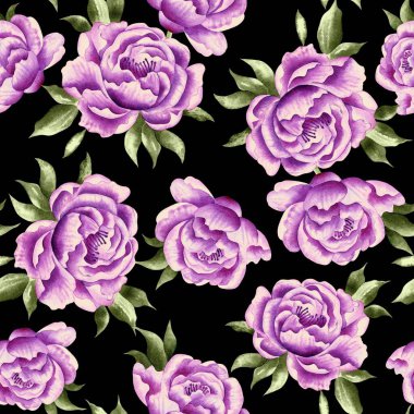 Watercolor flowers pattern, purple tropical elements, green leaves, black background, seamless