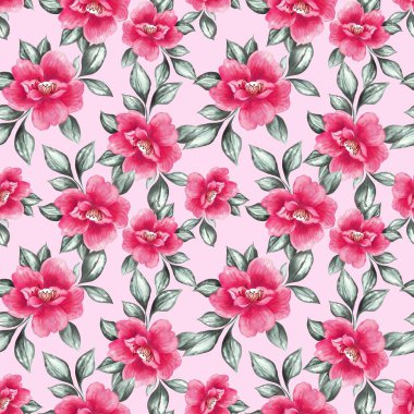 Watercolor flowers pattern, pink tropical elements, green leaves, pink background, seamless
