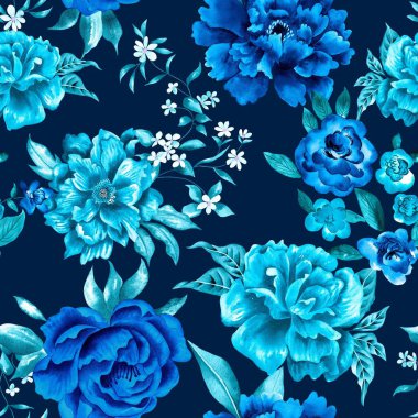 Watercolor flowers pattern, blue tropical elements, green leaves, navy blue background, seamless