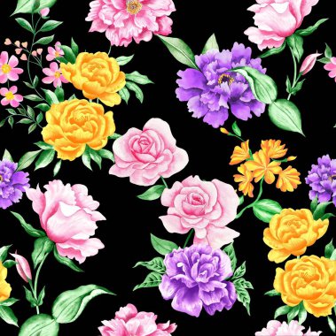 Watercolor flowers pattern, yellow, purple and pink tropical elements, green leaves, black background, seamless