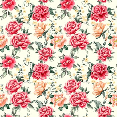 Watercolor flowers pattern, red tropical elements, green leaves, yellow background, seamless