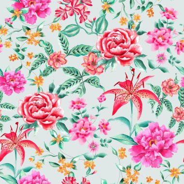 Watercolor flowers pattern, red and pink tropical elements, green leaves, blue background, seamless