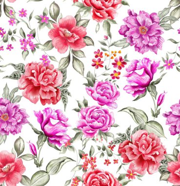 Watercolor flowers pattern, red and purple tropical elements, green leaves, white background, seamless