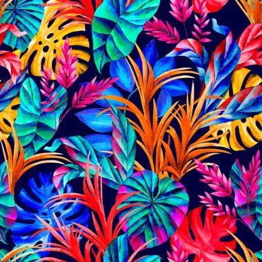 Watercolor leaves pattern, colorful foliage, black background, seamless