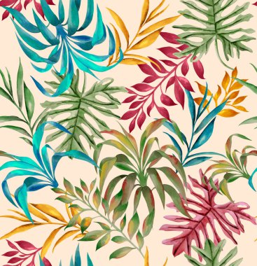 Watercolor leaves pattern, green, red and blue foliage, yellow background, seamless