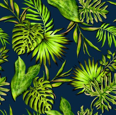 Watercolor leaves pattern, green foliage, navy blue background, seamless