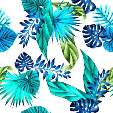 Watercolor leaves pattern, green and blue foliage, white background, seamless
